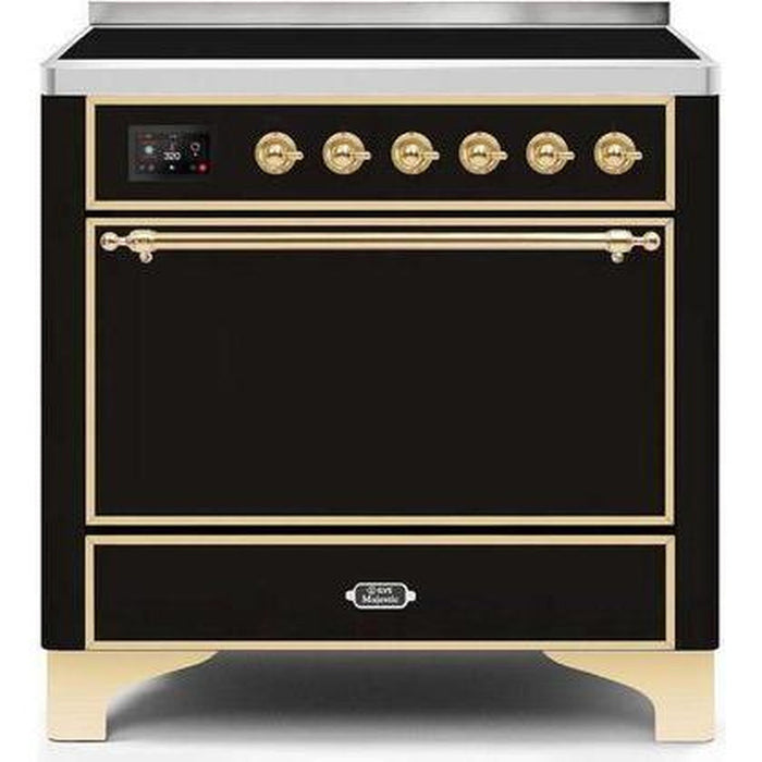 ILVE - Majestic II Series - 36 Inch Electric Freestanding Range (UMI09QNS3) - Glossy Black with Brass Trim