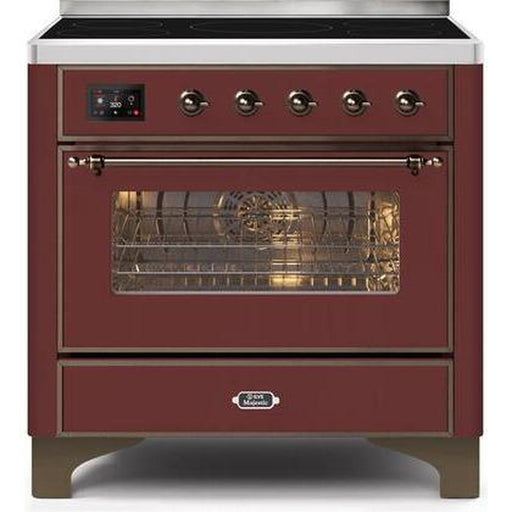 ILVE 36" Majestic II Series Electric Induction and Electric Oven Range with 5 Elements (UMI09NS3) - Burgundy with Bronze Trim