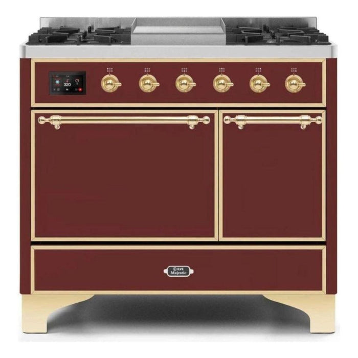 ILVE 40 Inch Majestic II Series Natural/ Propane Gas Burner and Electric Oven Range with 6 Sealed Burners (UMD10FDQNS3) - Burgundy with Brass Trim