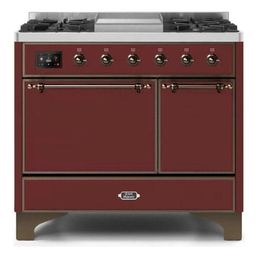 ILVE 40 Inch Majestic II Series Natural/ Propane Gas Burner and Electric Oven Range with 6 Sealed Burners (UMD10FDQNS3) - Burgundy with Bronze Trim