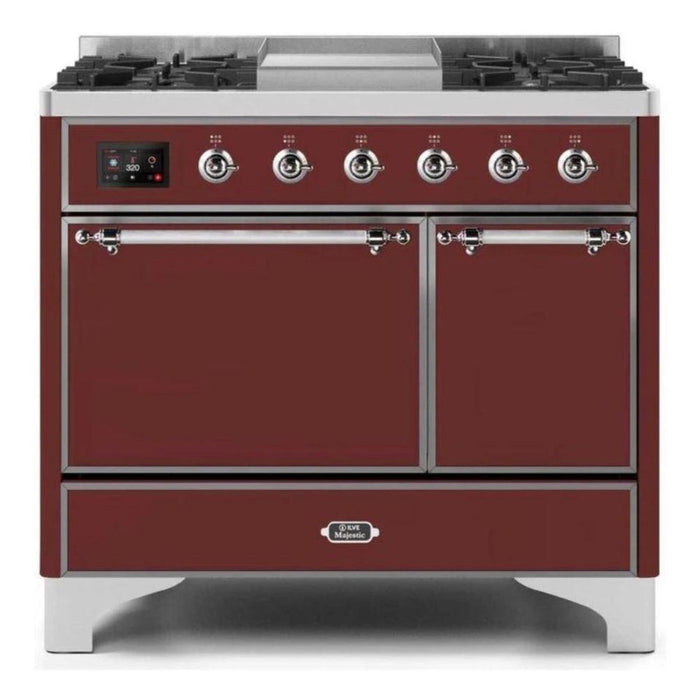 ILVE 40 Inch Majestic II Series Natural/ Propane Gas Burner and Electric Oven Range with 6 Sealed Burners (UMD10FDQNS3) - Burgundy with Chrome Trim