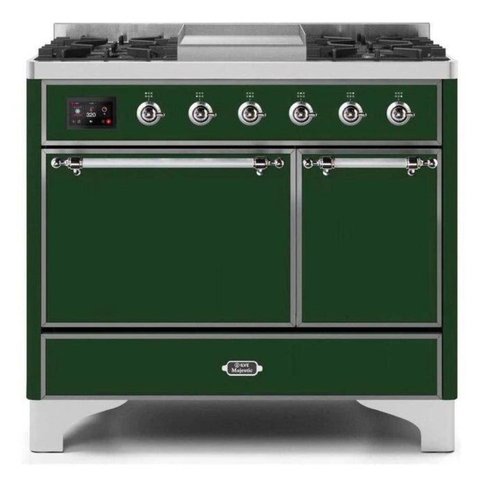 ILVE 40 Inch Majestic II Series Natural/ Propane Gas Burner and Electric Oven Range with 6 Sealed Burners (UMD10FDQNS3) - Emerald Green with Chrome Trim