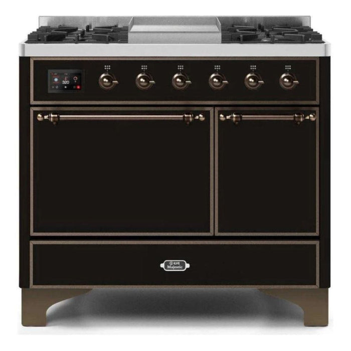 ILVE 40 Inch Majestic II Series Natural/ Propane Gas Burner and Electric Oven Range with 6 Sealed Burners (UMD10FDQNS3) - Glossy Black with Bronze Trim