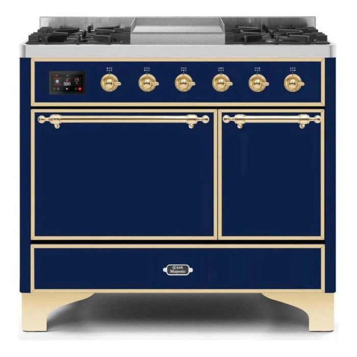 ILVE 40 Inch Majestic II Series Natural/ Propane Gas Burner and Electric Oven Range with 6 Sealed Burners (UMD10FDQNS3) - Midnight Blue with Brass Trim