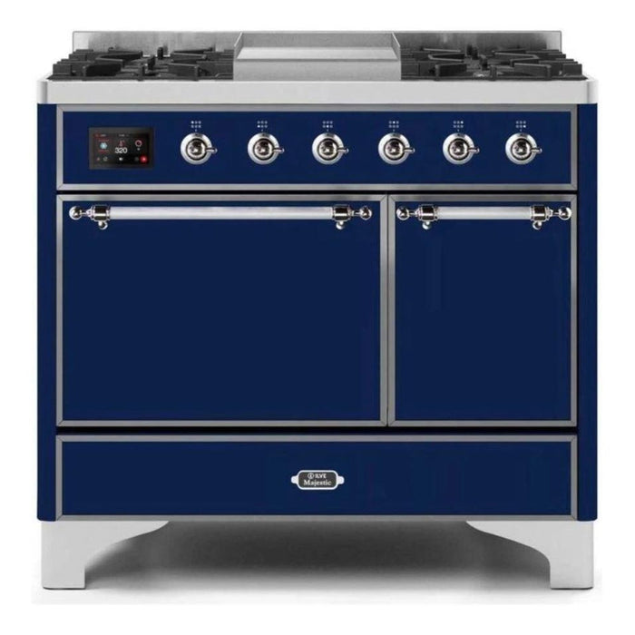 ILVE 40 Inch Majestic II Series Natural/ Propane Gas Burner and Electric Oven Range with 6 Sealed Burners (UMD10FDQNS3) - Midnight Blue with Chrome Trim