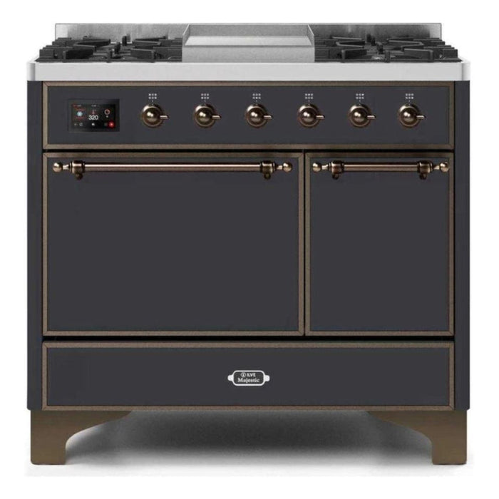 ILVE 40 Inch Majestic II Series Natural/ Propane Gas Burner and Electric Oven Range with 6 Sealed Burners (UMD10FDQNS3) - Matte Graphite with Bronze Trim