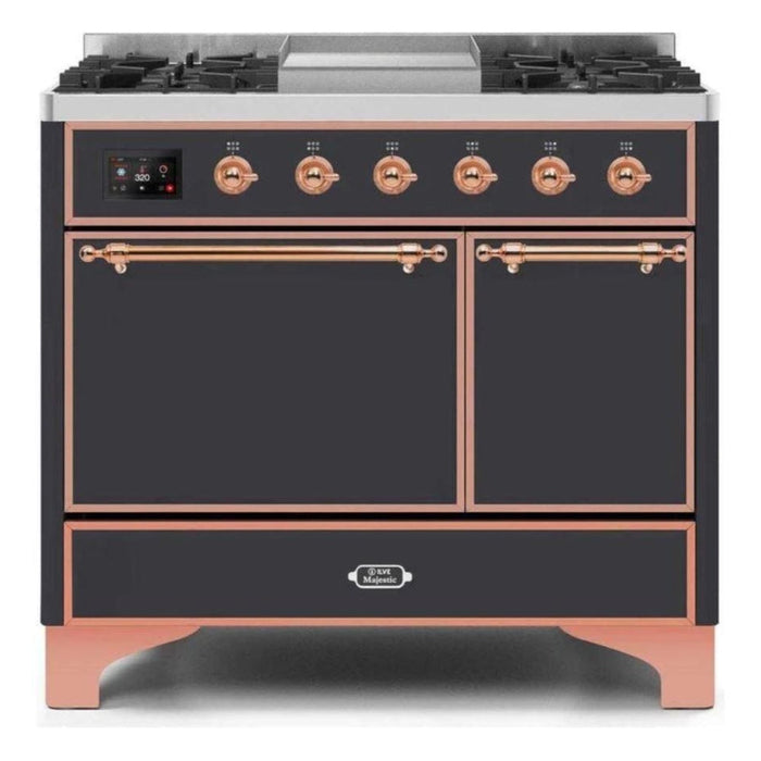 ILVE 40 Inch Majestic II Series Natural/ Propane Gas Burner and Electric Oven Range with 6 Sealed Burners (UMD10FDQNS3) - Matte Graphite with Copper Trim