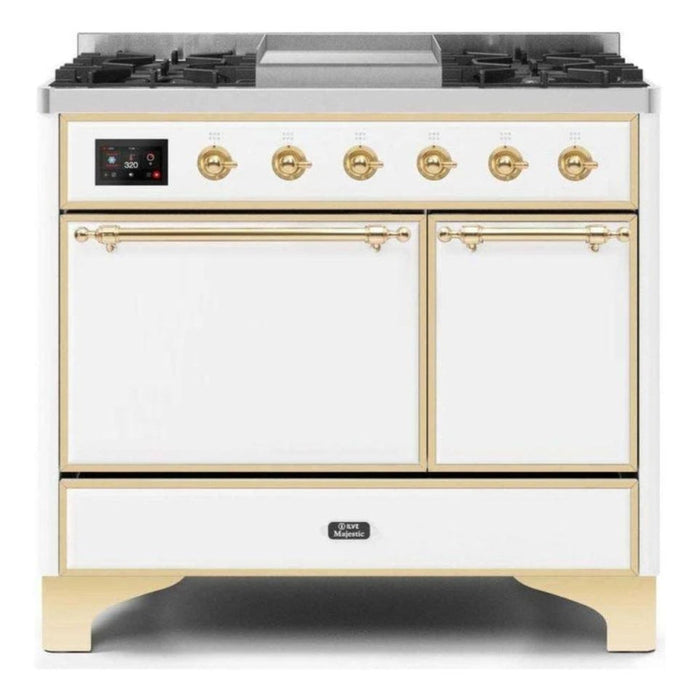 ILVE 40 Inch Majestic II Series Natural/ Propane Gas Burner and Electric Oven Range with 6 Sealed Burners (UMD10FDQNS3) - White with Brass Trim