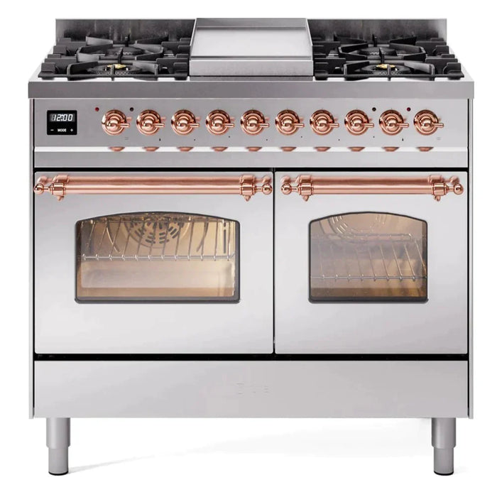 ILVE 40" Nostalgie II Series Freestanding Double Oven Dual Fuel Range with 6 Sealed Burners and Griddle 