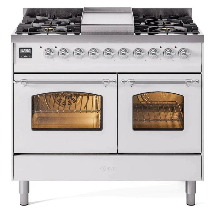 ILVE 40" Nostalgie II Series Freestanding Double Oven Dual Fuel Range with 6 Sealed Burners and Griddle 