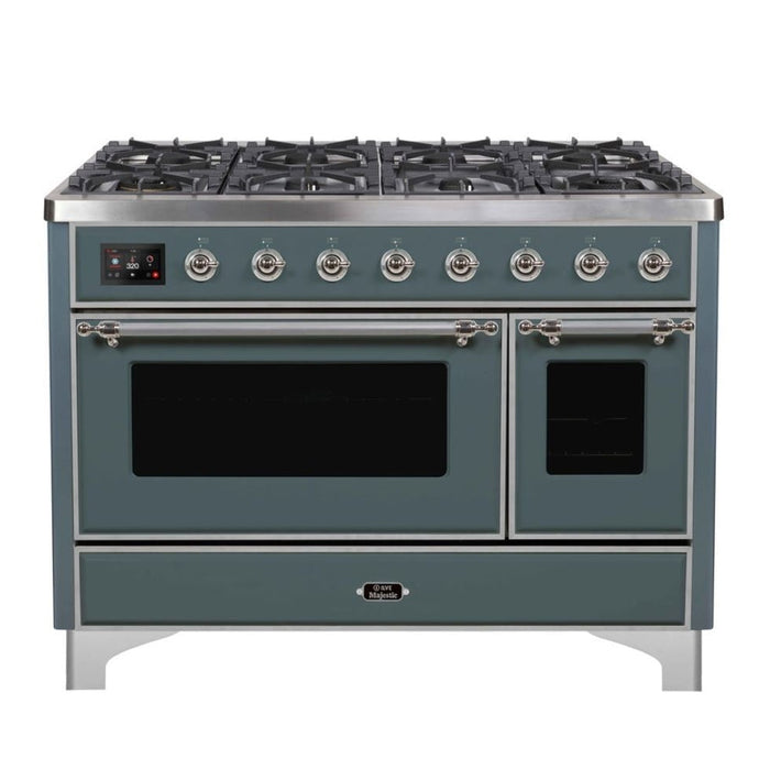 ILVE 48 Inch Majestic II Series Freestanding Dual Fuel Double Oven Range with 8 Sealed Burners, Triple Glass Cool Door, Convection Oven (UM12FDNS)