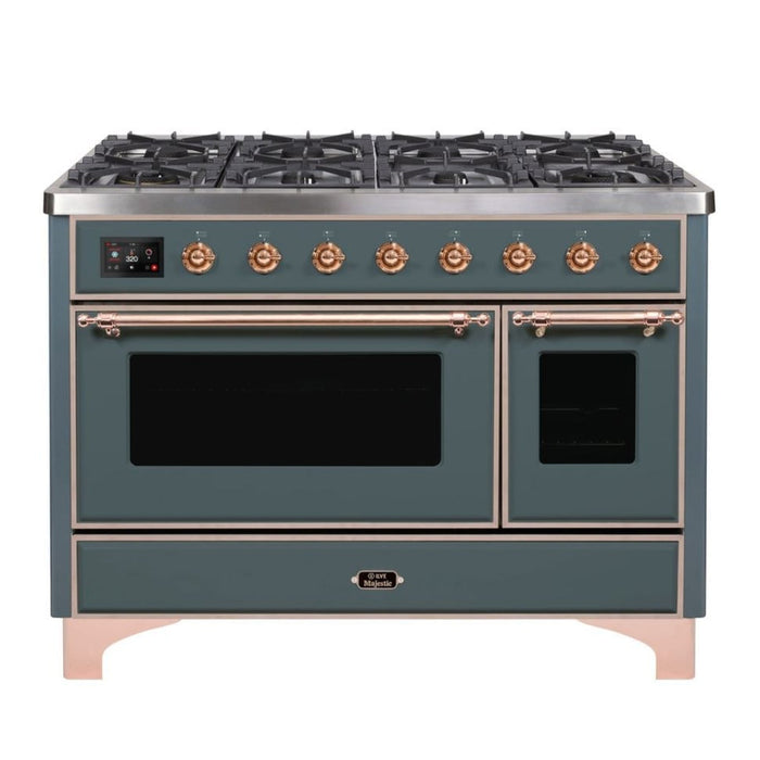 ILVE 48 Inch Majestic II Series Freestanding Dual Fuel Double Oven Range with 8 Sealed Burners, Triple Glass Cool Door, Convection Oven (UM12FDNS)