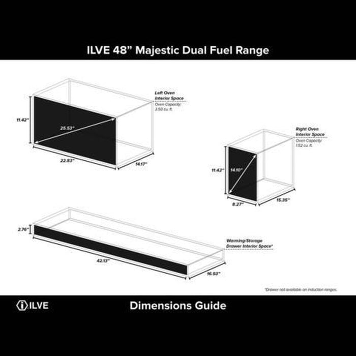 ILVE 48 Inch Majestic II Series Freestanding Dual Fuel Double Oven Range with 8 Sealed Burners, Triple Glass Cool Door, Convection Oven (UM12FDNS)