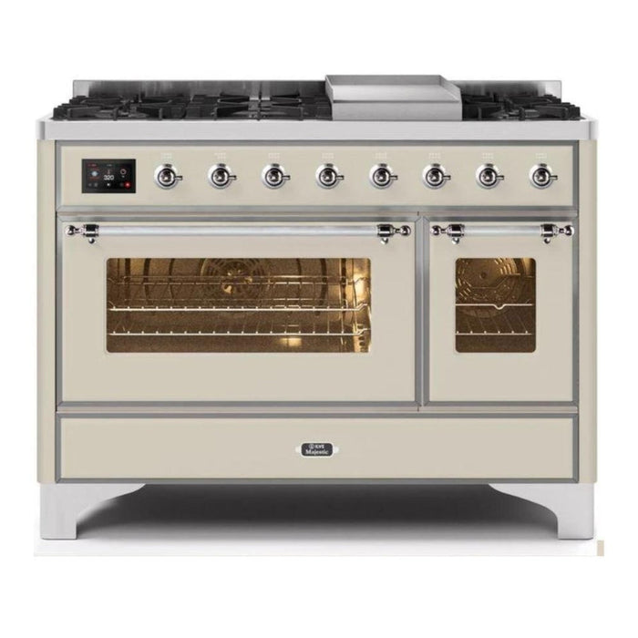 ILVE 48 Inch Majestic II Series Freestanding Dual Fuel Double Oven Range with 8 Sealed Burners, Triple Glass Cool Door, Convection Oven (UM12FDNS)