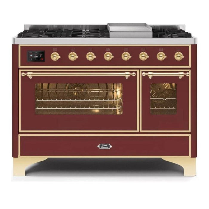 ILVE 48 Inch Majestic II Series Freestanding Dual Fuel Double Oven Range with 8 Sealed Burners, Triple Glass Cool Door, Convection Oven (UM12FDNS)