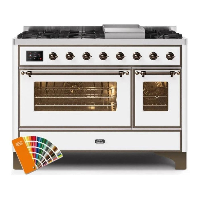 ILVE 48 Inch Majestic II Series Freestanding Dual Fuel Double Oven Range with 8 Sealed Burners, Triple Glass Cool Door, Convection Oven (UM12FDNS)