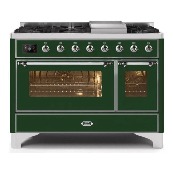 ILVE 48 Inch Majestic II Series Freestanding Dual Fuel Double Oven Range with 8 Sealed Burners, Triple Glass Cool Door, Convection Oven (UM12FDNS)