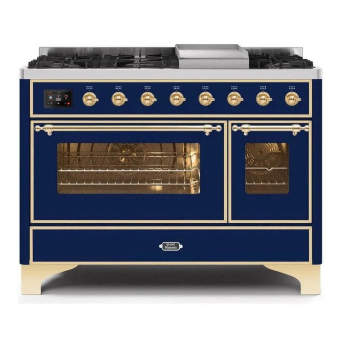 ILVE 48 Inch Majestic II Series Freestanding Dual Fuel Double Oven Range with 8 Sealed Burners, Triple Glass Cool Door, Convection Oven (UM12FDNS)