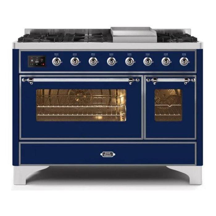 ILVE 48 Inch Majestic II Series Freestanding Dual Fuel Double Oven Range with 8 Sealed Burners, Triple Glass Cool Door, Convection Oven (UM12FDNS)