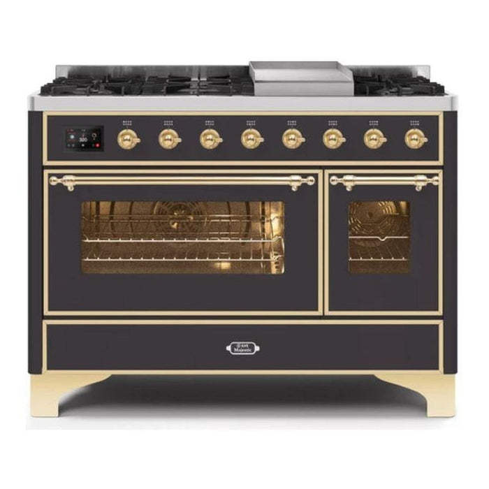 ILVE 48 Inch Majestic II Series Freestanding Dual Fuel Double Oven Range with 8 Sealed Burners, Triple Glass Cool Door, Convection Oven (UM12FDNS)