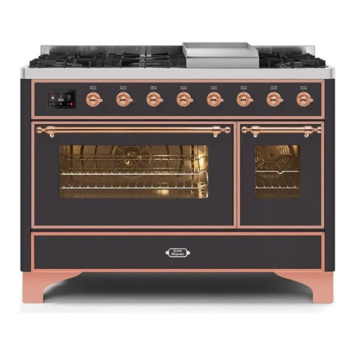 ILVE 48 Inch Majestic II Series Freestanding Dual Fuel Double Oven Range with 8 Sealed Burners, Triple Glass Cool Door, Convection Oven (UM12FDNS)