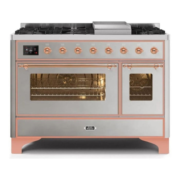 ILVE 48 Inch Majestic II Series Freestanding Dual Fuel Double Oven Range with 8 Sealed Burners, Triple Glass Cool Door, Convection Oven (UM12FDNS)