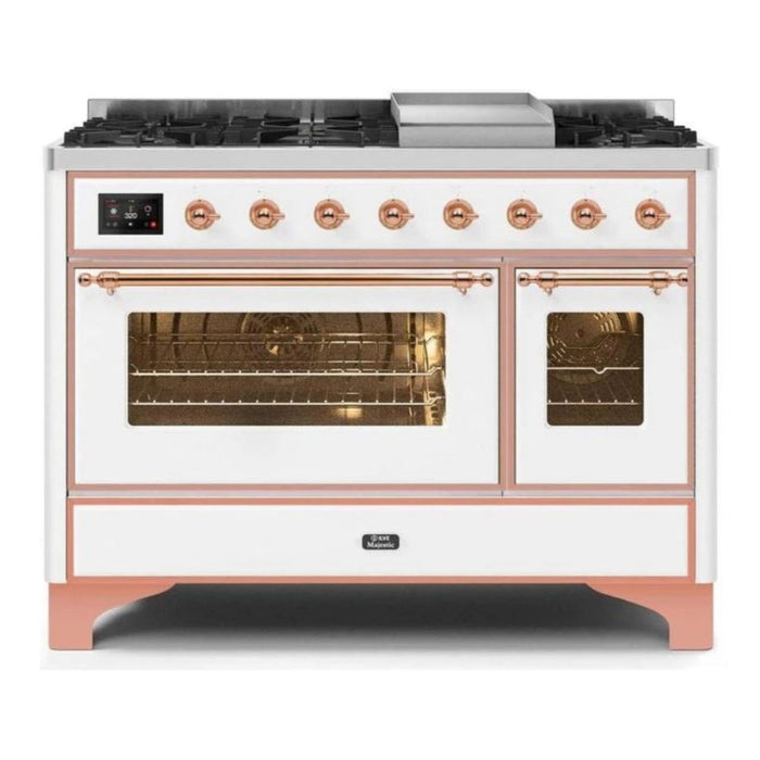 ILVE 48 Inch Majestic II Series Freestanding Dual Fuel Double Oven Range with 8 Sealed Burners, Triple Glass Cool Door, Convection Oven (UM12FDNS)