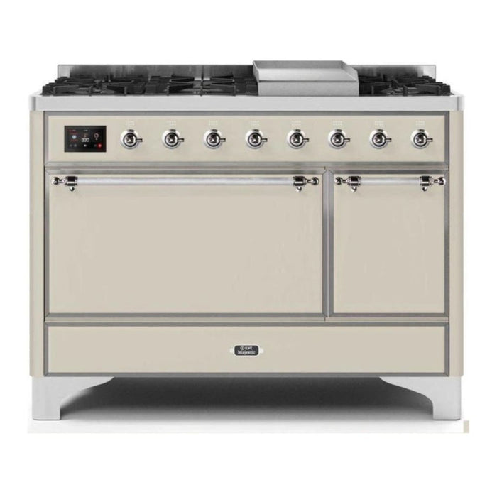 ILVE 48 Inch Majestic II Series Freestanding Dual Fuel Liquid Propane Range with 8 Sealed Brass Non Stick Coated Burners and Griddle (UM12FDQNS3)