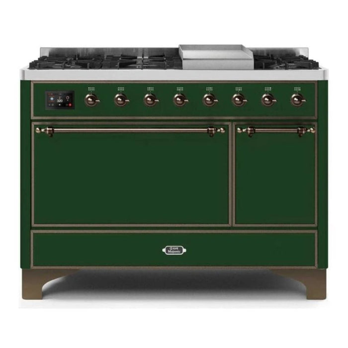 ILVE 48 Inch Majestic II Series Freestanding Dual Fuel Liquid Propane Range with 8 Sealed Brass Non Stick Coated Burners and Griddle (UM12FDQNS3)