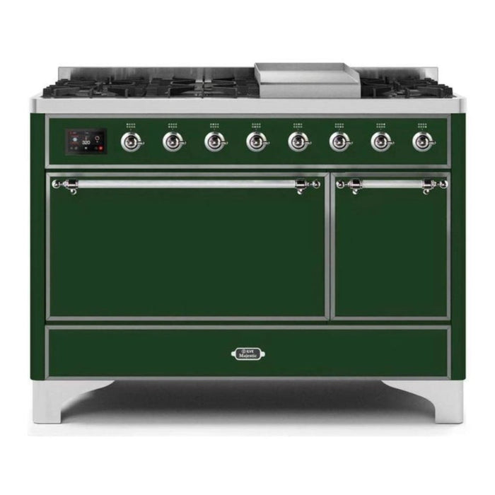 ILVE 48 Inch Majestic II Series Freestanding Dual Fuel Liquid Propane Range with 8 Sealed Brass Non Stick Coated Burners and Griddle (UM12FDQNS3)