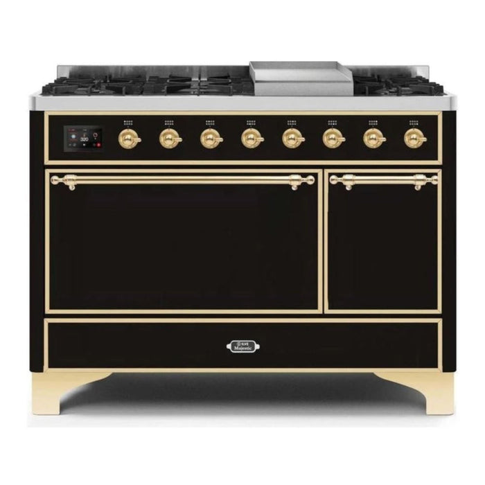 ILVE 48 Inch Majestic II Series Freestanding Dual Fuel Liquid Propane Range with 8 Sealed Brass Non Stick Coated Burners and Griddle (UM12FDQNS3)