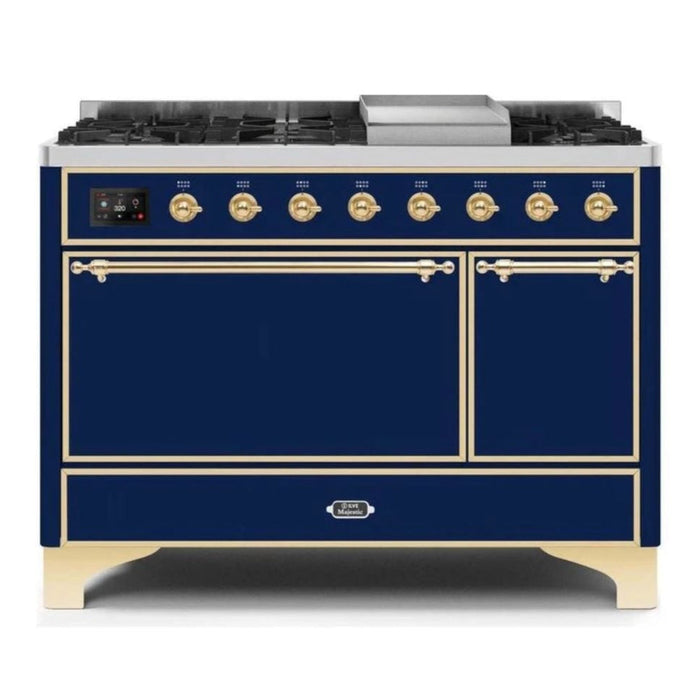 ILVE 48 Inch Majestic II Series Freestanding Dual Fuel Liquid Propane Range with 8 Sealed Brass Non Stick Coated Burners and Griddle (UM12FDQNS3)