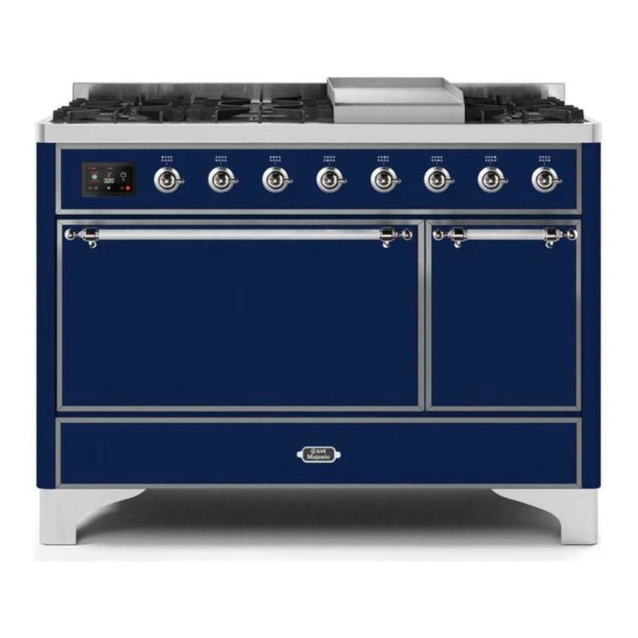 ILVE 48 Inch Majestic II Series Freestanding Dual Fuel Liquid Propane Range with 8 Sealed Brass Non Stick Coated Burners and Griddle (UM12FDQNS3)