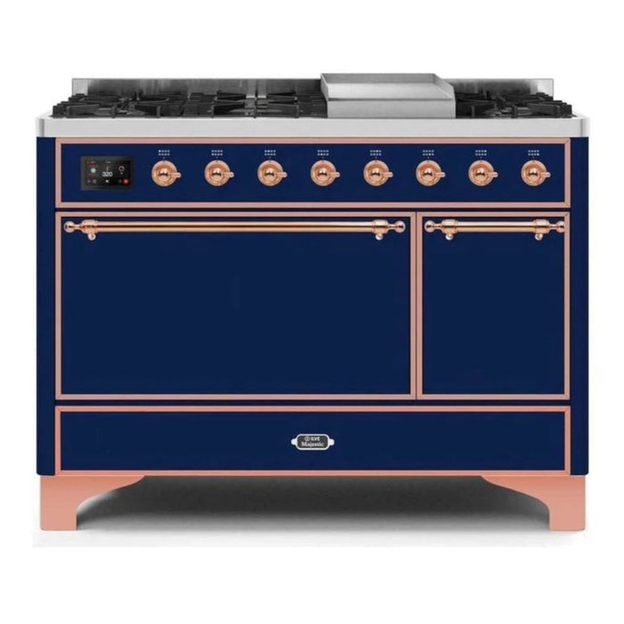 ILVE 48 Inch Majestic II Series Freestanding Dual Fuel Liquid Propane Range with 8 Sealed Brass Non Stick Coated Burners and Griddle (UM12FDQNS3)