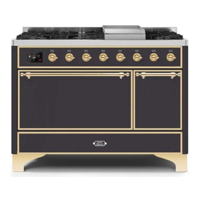 ILVE 48 Inch Majestic II Series Freestanding Dual Fuel Liquid Propane Range with 8 Sealed Brass Non Stick Coated Burners and Griddle (UM12FDQNS3)