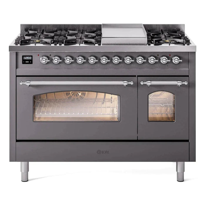 ILVE 48" Nostalgie II Series Freestanding Double Oven Dual Fuel Range with 8 Sealed Burners and Griddle