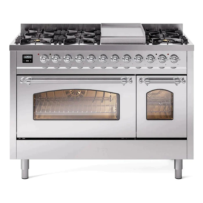 ILVE 48" Nostalgie II Series Freestanding Double Oven Dual Fuel Range with 8 Sealed Burners and Griddle