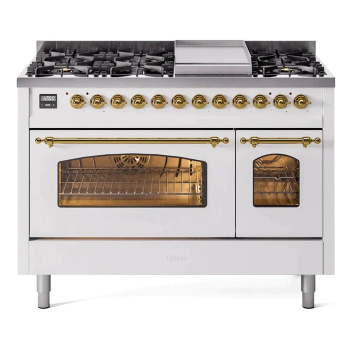 ILVE 48" Nostalgie II Series Freestanding Double Oven Dual Fuel Range with 8 Sealed Burners and Griddle