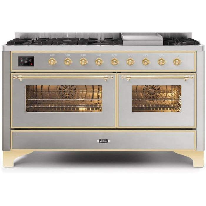 ILVE 60 Inch Majestic II Series Dual Fuel Natural Gas Range with 9 Sealed Burners and Griddle with 5.8 cu. ft. Total Oven Capacity TFT Oven Control Display (UM15FDNS3)