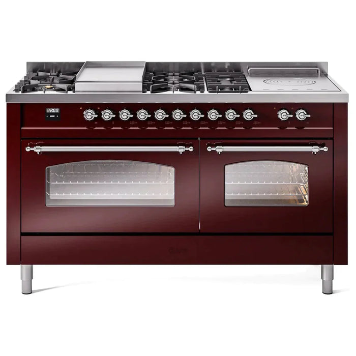 ILVE 60" Nostalgie II Series Freestanding Double Oven Dual Fuel Range with 8 Sealed Burners and Griddle