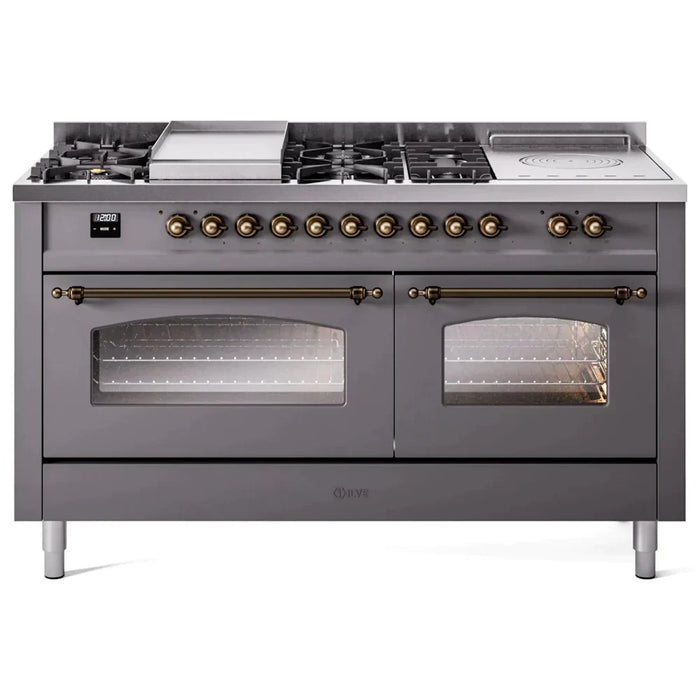 ILVE 60" Nostalgie II Series Freestanding Double Oven Dual Fuel Range with 8 Sealed Burners and Griddle