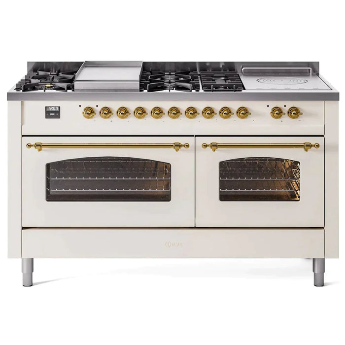 ILVE 60" Nostalgie II Series Freestanding Double Oven Dual Fuel Range with 8 Sealed Burners and Griddle