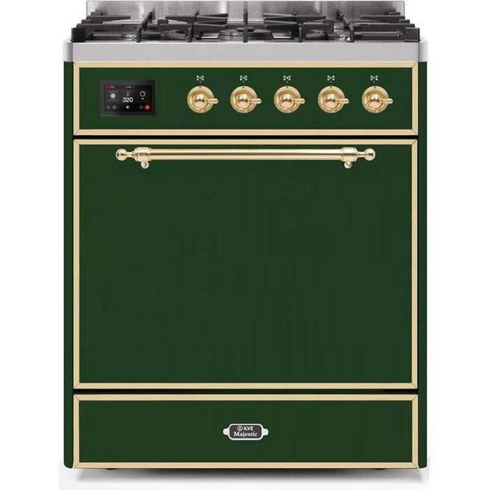 ILVE - Majestic II Series - 30 Inch Dual Fuel Freestanding Range Gas/Propane (UM30DQNE3) - Emerald Green with Brass Trim