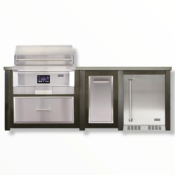 96" Coyote Pellet Outdoor Kitchen Island w/ 24" Refrigerator, Antique Bronze