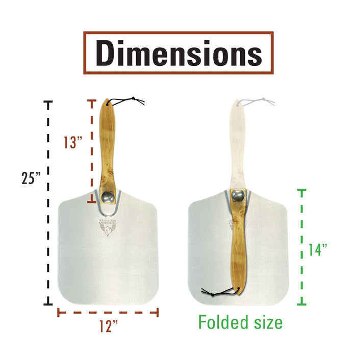 Chicago Brick Oven Aluminum Pizza Peel 12" x 14" with Foldable Wooden Handle - 25" Long [Turning Spatula, Pizza Paddle, Pizza Spatula Paddle, Aluminum Metal Pizza Peel 12 Inch, Pizza Accessories]