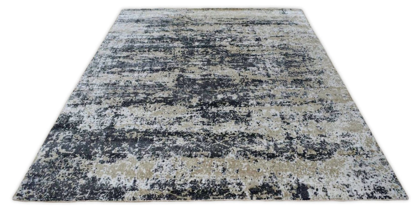 Peach and Black Industrial Design Handmade Bamboo Silk 8x10 Area Rug  | TRD1692810