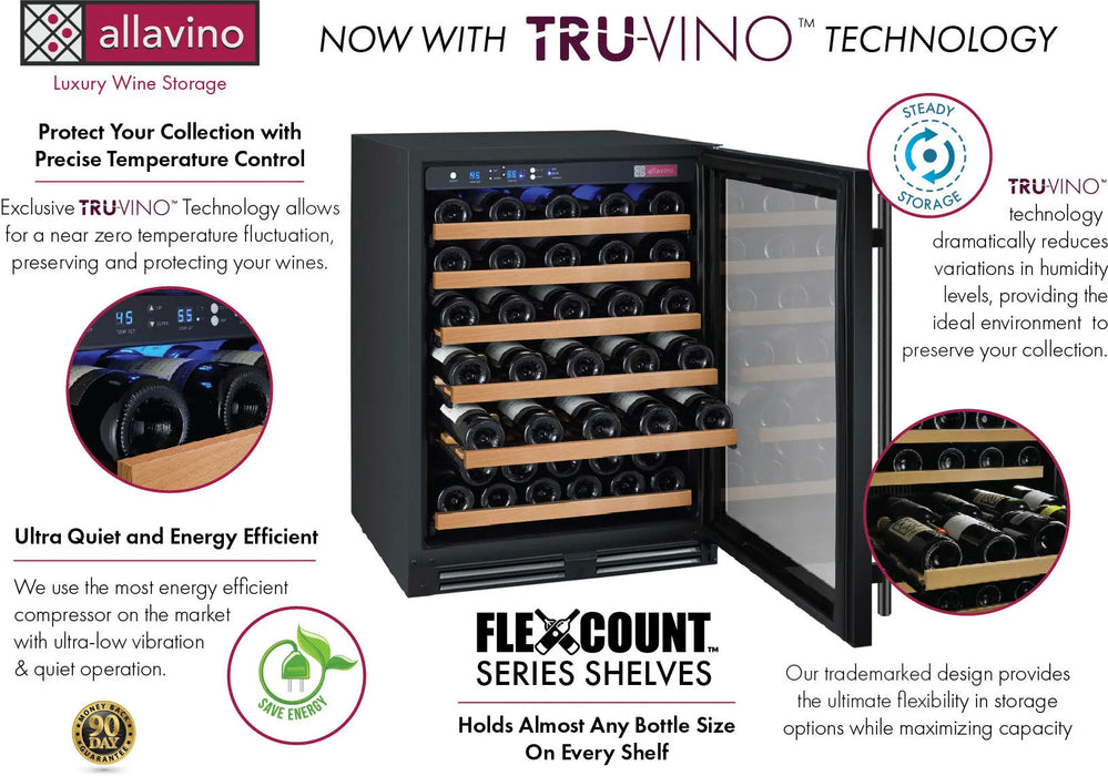 FlexCount Series 56 Bottle Single Zone Built-In Wine Refrigerator with Black Door - Right Hinge