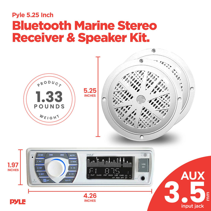 Pyle PLMRKT36WT 5.25 Inch Bluetooth Marine Stereo Receiver & Speaker Kit, White