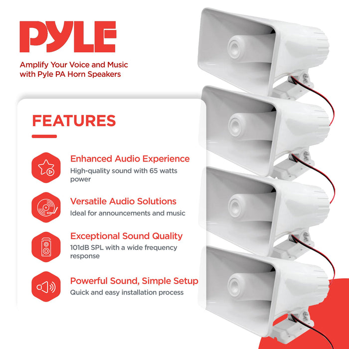 Pyle 8" 65 Watts 8 Ohms Indoor and Outdoor PA Horn Speaker, White (4 Pack)