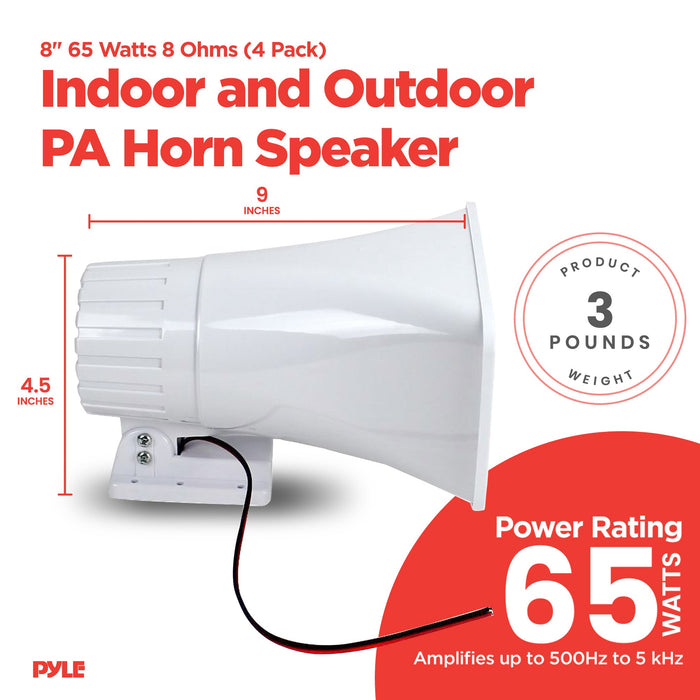 Pyle 8" 65 Watts 8 Ohms Indoor and Outdoor PA Horn Speaker, White (4 Pack)